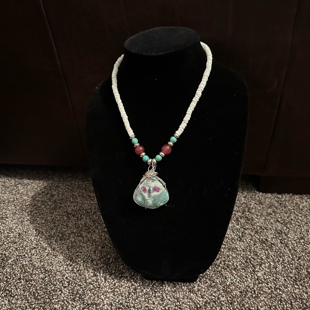 Hand Crafted Ruby Zoisite/Quartz/Puka Shell & Sterling Silver Necklace.